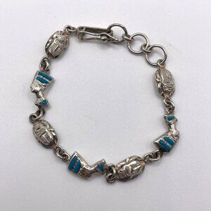 Vintage 925 Sterling Silver Egyptian Nefertiti Scarab Bracelet Blue Enamel Accen